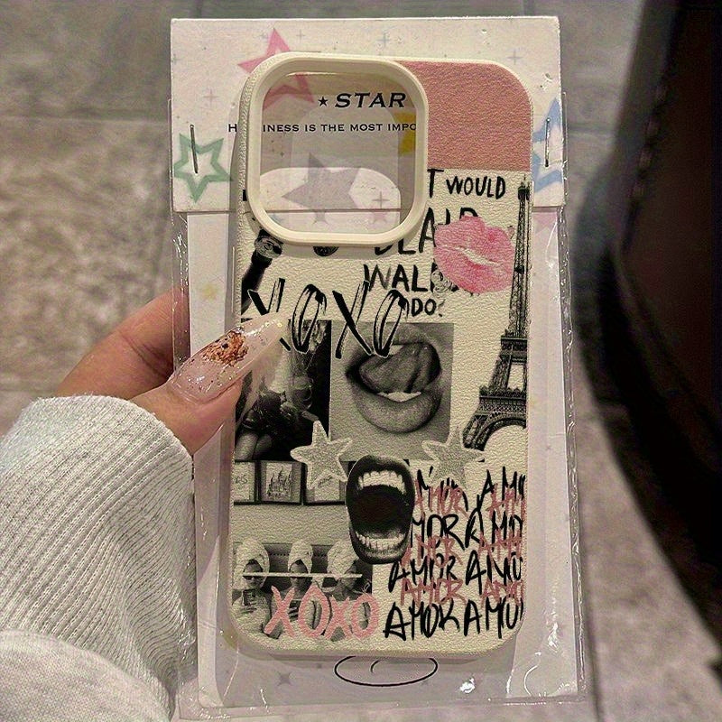 Eyfel Kulesi ve Dudak Baskılı Lychee Desenli Telefon Kılıfı – iPhone 16/15/14/13/12/11 ve Plus/Pro/Pro Max Serileriyle Uyumlu, Dayanıklı ve Darbe Dayanıklı Koruyucu Kapak