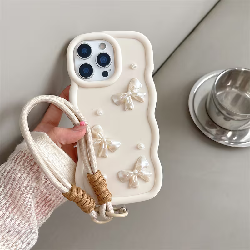 🎀 İnci Detaylı Fiyonklu Loom Askılı Telefon Kılıfı | Zarif & Şık Tasarım ✨