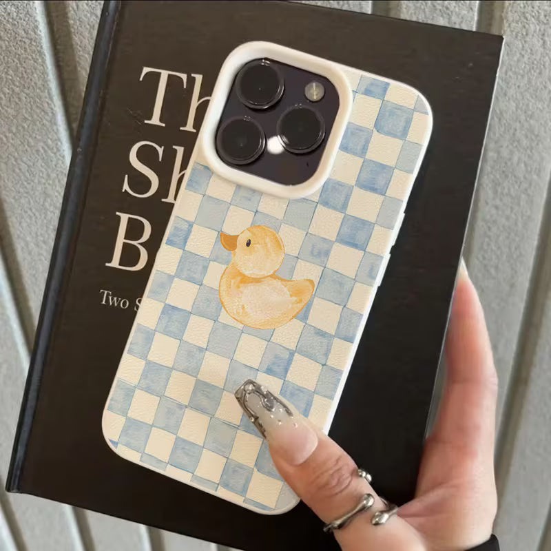 💙🦆 Mavi Kare Desenli Sevimli Ördek Telefon Kılıfı 🦆💙