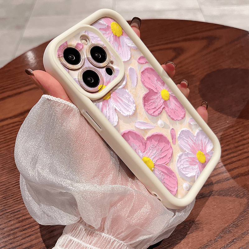Sanatsal Kabartmalı 3D Pembe Çiçek ve İnci Desenli iPhone Kılıfı