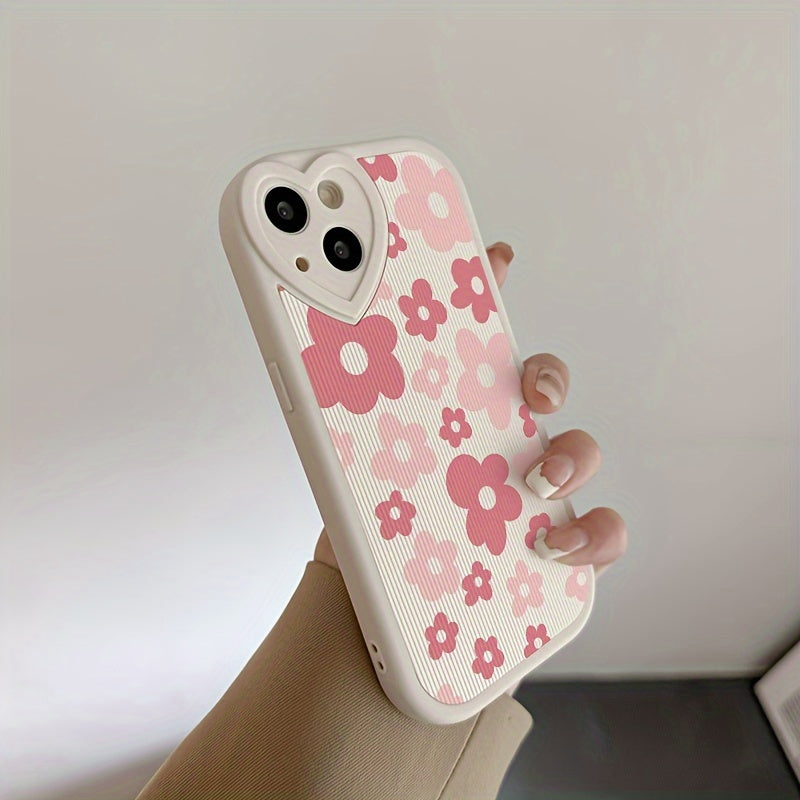 Kalp ve Dikey Şerit Desenli PU Deri Pembe Çiçek Telefon Kılıfı