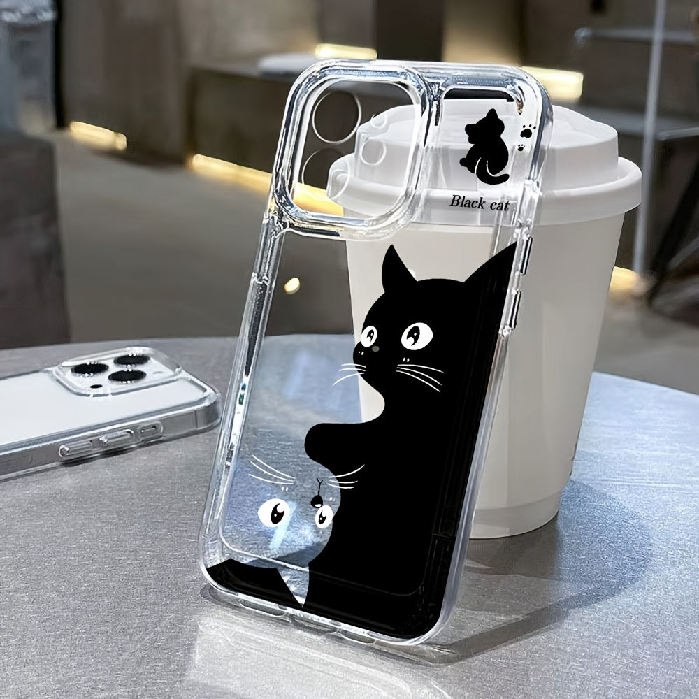 1 Adet Karikatür Sevimli Siyah Kedi Uzay Desenli Telefon Kılıfı – iPhone 16, 15, 14, 13, 12, 11 Pro Max, XS, XR, X, 7, 8 Plus, SE 2022 Uyumlu Şeffaf Koruyucu Kılıf