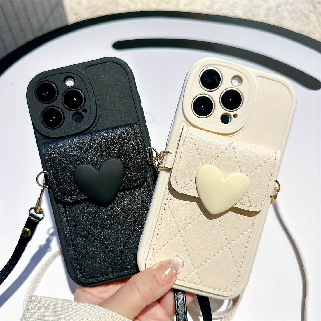 3D Kalp Desenli, Elmas Dokulu Kart Bölmeli Askılı Telefon Kılıfı