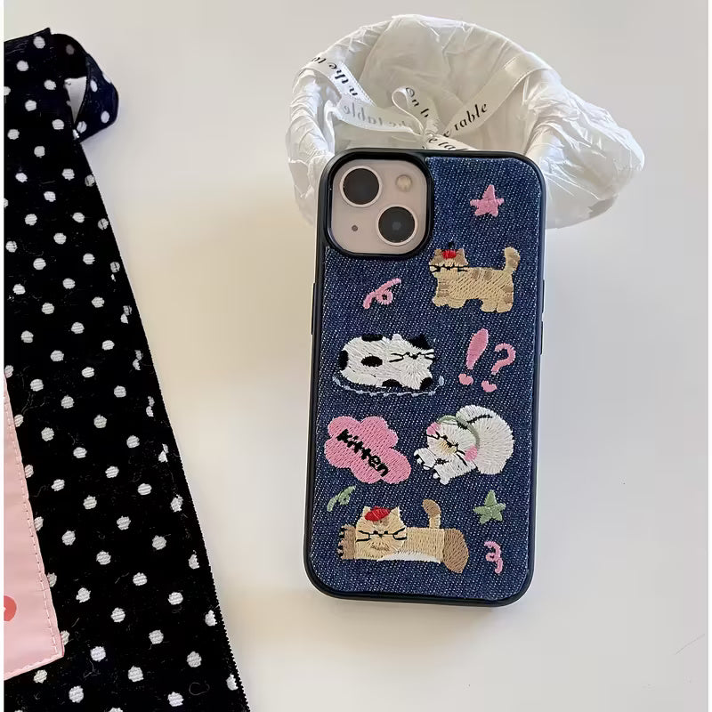 🐱 Nakışlı Denim Kedi Desenli Telefon Kılıfı
