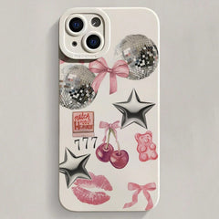 Dijital Beş Köşeli Yıldız, Kiraz Dudak ve Fiyonk Desenli Beyaz Angel Eye Telefon Kılıfı – iPhone 16/15/14/13/12/11 Pro Max, X, XS, XR, XS Max, 7/8 Plus ile Uyumlu