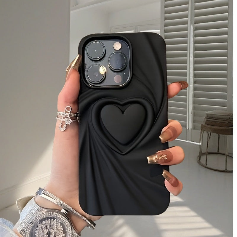 3D Love Kabartmalı Büyük Delik Siyah Kılıf – iPhone 16–11 Serileri İçin Trend Tasarım