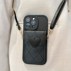 3D Kalp Desenli, Elmas Dokulu Kart Bölmeli Askılı Telefon Kılıfı