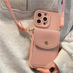 Tek Renkli Suni Deri Cüzdan Telefon Kılıfı – Çapraz Boyun Askısı ve Kart Tutucu Özellikli