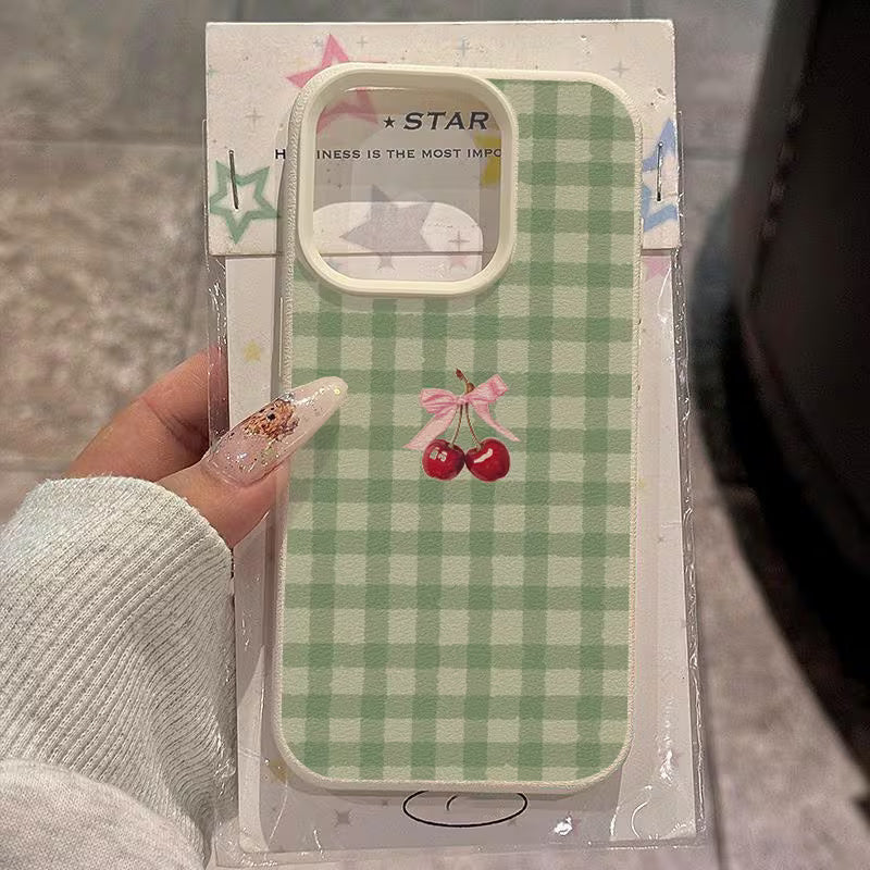 💚🍒 Yeşil Kare Desenli Kirazlı Telefon Kılıfı 🍒💚