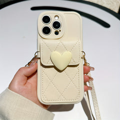 3D Kalp Desenli, Elmas Dokulu Kart Bölmeli Askılı Telefon Kılıfı