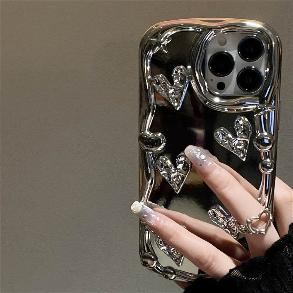 Lüks Kaplama 3D Gümüş Kalp, Yıldız ve Dalga Desenli Sevimli Soft Telefon Kılıfı – iPhone 15 Pro Max / 14 Pro Max / 13 Pro Max / 12 Pro Max / 11 / 15 / 14 / 13 / 12 Uyumlu, Darbelere Dayanıklı