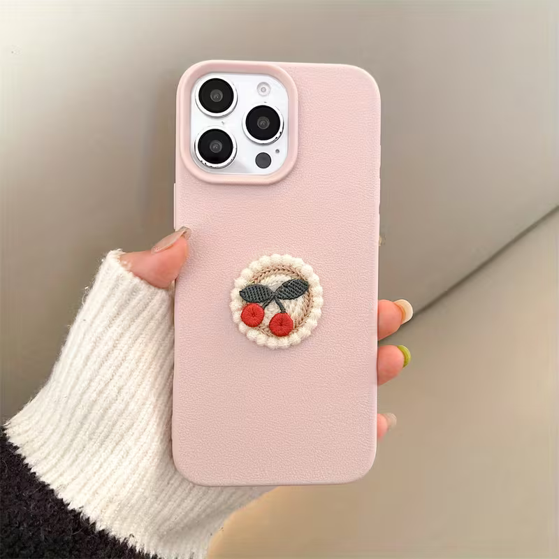 🍒 Kiraz Nakış Detaylı Pudra Telefon Kılıfı | Soft & Tatlı Stil 🌸