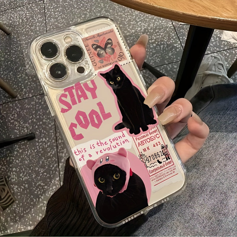 Şeffaf TPU Telefon Kılıfı – Yaratıcı Pembe Gazete ve Siyah Kedi Deseni, iPhone Serisi ile Uyumlu