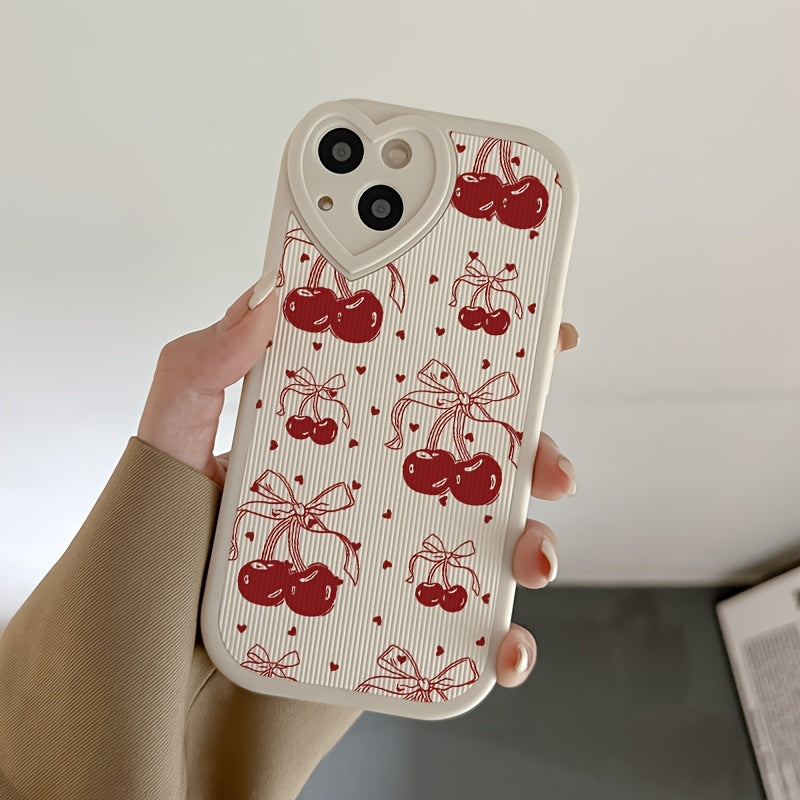 Kalp Desenli Dikey Çizgili PU Deri Telefon Kılıfı – Kiraz Desenli, iPhone 15/14 Plus/13/Pro/12/11 Serisi, iPhone 16/16 Pro Max Uyumlu
