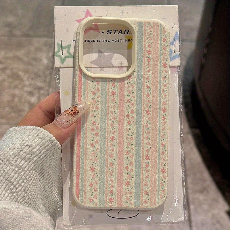 Pembe ve Mavi Çiçekli Şerit Desenli Telefon Kılıfı